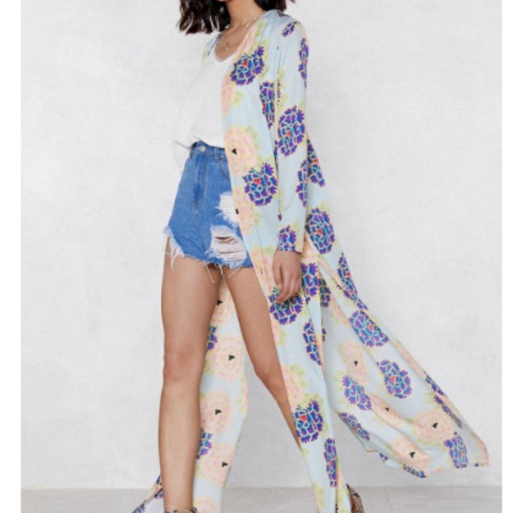 NWT Beautiful Flower of Love Peonies Floral Kimono Duster Kaftan Pink Purple - Picture 4 of 14